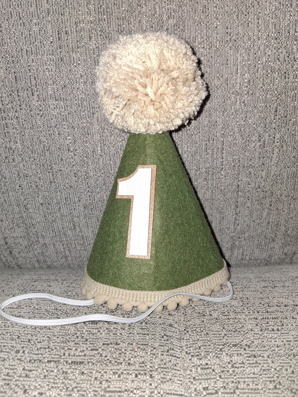 Birthday Party Hat - Green "1" Cone with Cream Pom Pom Felt Nwot
